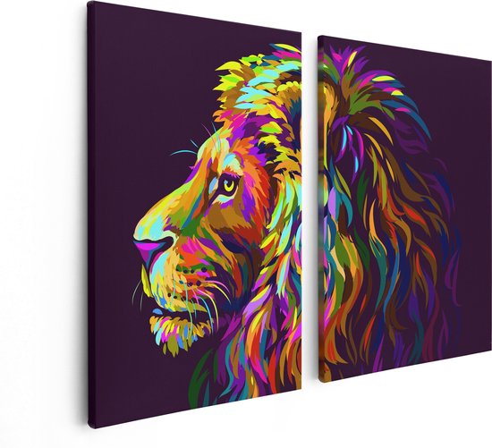 Artaza - Diptyque de peinture sur toile - Lion coloré - Tête de lion - Abstrait - 80x60 - Photo sur toile - Impression sur toile