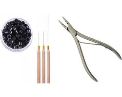 Combi-set Microring met silicone 200 stuks (Zwart) +Microring loop + 2 haaknaalden + microring inzettang | Extension tang