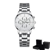 NIBOSI Horloges voor Vrouwen – Quartz - Ø 36 mm – Zilverkleurig - Waterdicht tot 3 BAR - Chronograaf - Geschenkset