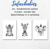 Safaribabies A4 poster - Tijger, Zebra, Olifant - Poster kinderkamer of babykamer - Baby kado - Design posters - Babyshower - Lief - Leuk - Dieren - Kaartje met een Staartje