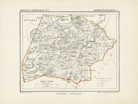 Historische kaart, plattegrond van gemeente Zundert in Noord Brabant uit 1867 door Kuyper van Kaartcadeau.com