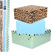 6x Rollen kraft inpakpapier/folie pakket - panterprint/blauw/groen zilveren stippen 200 x 70 cm / dierenprint - tijgerprint papier
