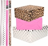 8x Rollen transparante folie/inpakpapier pakket - panterprint/roze/wit met zilveren stippen 200 x 70 cm - dierenprint papier