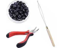 Combi-set Microring met silicone 100 stuks (Zwart) + microring loop + Extension tang / microring inzettang