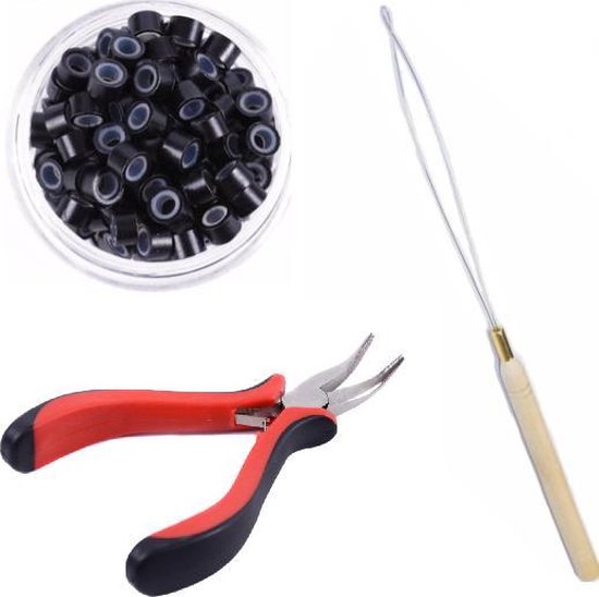 Combi-set Microring met silicone 100 stuks (Zwart) + microring loop + Extension tang / microring inzettang
