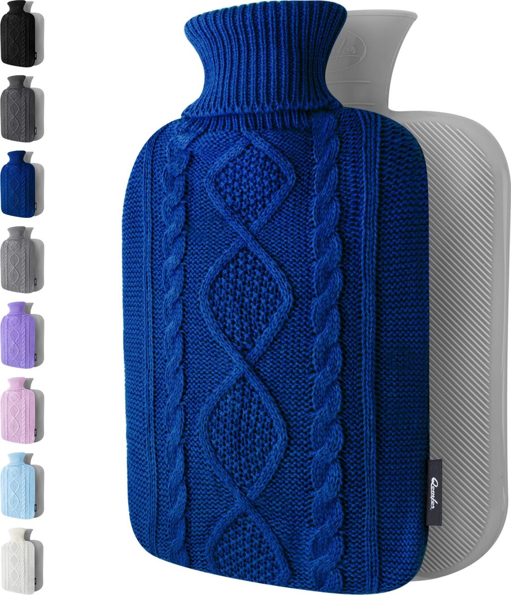 Qomfor - Kruik met Zachte Gebreide Hoes - 1,8 liter - Warmwaterkruik voor Pijnverlichting en Ontspanning - Donkerblauw