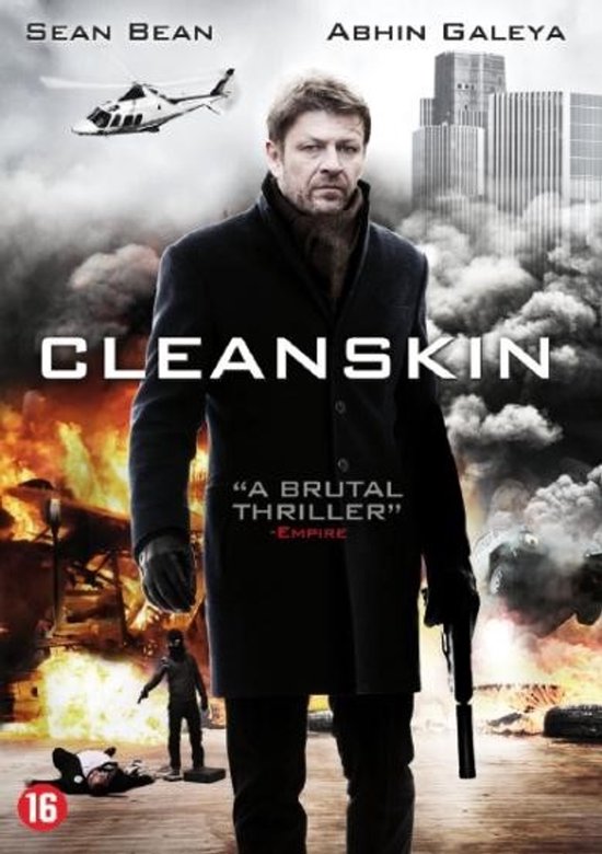 Filmcover van Cleanskin met Sean Bean in een zwarte jas met het logo "CLEANSKIN" en een helikopter.