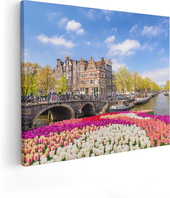 Artaza Canvas Schilderij Amsterdamse Huisjes Aan De Grachten  - 100x80 - Groot - Foto Op Canvas - Canvas Print