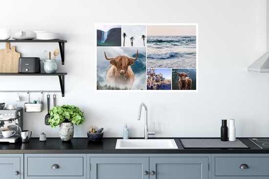 Muurstickers - Sticker Folie - Schotse Hooglander - Collage - Waterval - Palmboom - 90x60 cm - Plakfolie - Muurstickers Kinderkamer - Zelfklevend Behang - Zelfklevend behangpapier - Stickerfolie