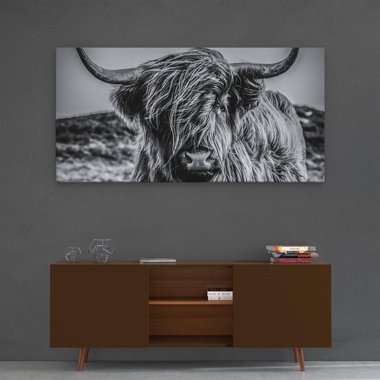 Artaza Canvas Schilderij Schotse Hooglander Koe - Zwart Wit - 120x60 cm - Groot - Wanddecoratie Woonkamer - Schilderijen - Muurdecoratie