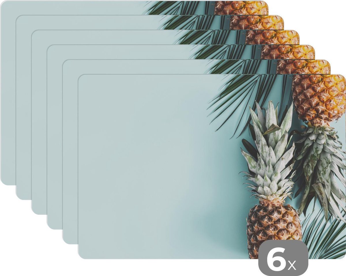 Placemat - Placemats kunststof - Ananas - Blauw - Zomer - 45x30 cm - 6 stuks - Hittebestendig - Anti-Slip - Onderlegger - Afneembaar