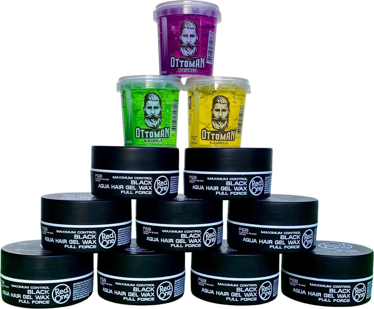 9-pack Voordeelbundel Red One Aqua Hair Wax Black Meloen Citroen 150ml + 3 stuks Topkwaliteit Ottoman Ultra Strong Hair Gel 150ml - RedOne - Extra voordelig - Haargel - Haarwax - Sterke Hold - Kapperskwaliteit