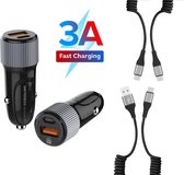 Autolader USB-A & USB-C met 2x USB-C Oplaadkabel - Snellader -Krulsnoer - Uitrekbaar- Auto Lader - Sigarettenaansteker Oplader - Geschikt voor Samsung Galaxy A10/A11/A12/A21s/A51/A52/A52s/Not
