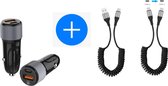 Autolader USB-A & USB-C met 2x USB-C Oplaadkabel - Snellader -Krulsnoer - Uitrekbaar- Auto Lader - Sigarettenaansteker Oplader - Universeel Geschikt