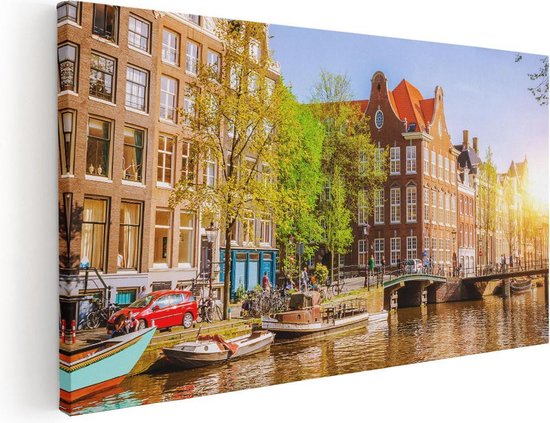 Artaza Canvas Schilderij Amsterdamse Gracht Tijdens Zonsondergang - 40x20 - Klein - Foto Op Canvas - Canvas Print