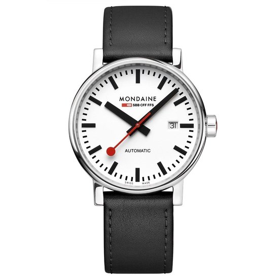 Wit horloge met zwarte leren band, rode wijzer en datumvenster.