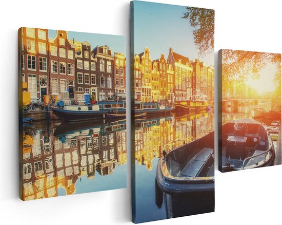 Artaza - Triptyque de peinture sur toile - Pont d'Amsterdam - Canal - Avec des Fleurs - 90x60 - Photo sur toile - Impression sur toile
