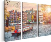 Artaza Canvas Schilderij Drieluik Amsterdamse Huisjes Vanaf De Grachten - 120x80 - Foto Op Canvas - Canvas Print