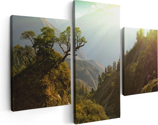 Artaza - Triptyque de peinture sur toile - Forêt dans les Montagnes avec soleil - Couleur - 90x60 - Photo sur toile - Impression sur toile