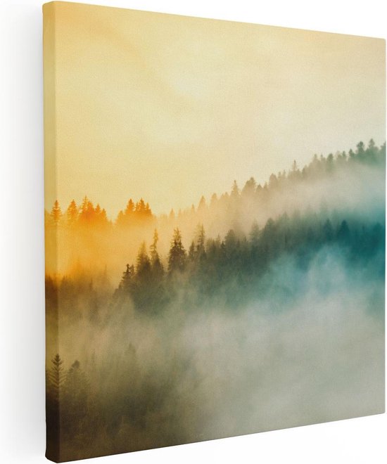 Artaza Canvas Schilderij Kleurrijke Zonsopgang In Het Bos Met Mist - 70x70 - Foto Op Canvas - Canvas Print