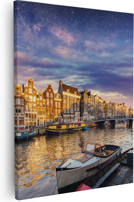 Artaza Canvas Schilderij Amsterdamse Gracht In De Nacht Met Sterren - 80x100 - Groot - Foto Op Canvas - Canvas Print