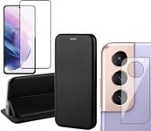 Samsung Galaxy S21 FE Hoesje - Book Case Lederen Wallet Cover Minimalistisch Pasjeshouder Hoes Zwart - Full Tempered Glass Screenprotector - Camera Lens Protector