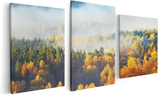 Artaza - Triptyque Peinture Sur Toile - Forêt D'Automne Colorée Avec Brume - 120x60 - Photo Sur Toile - Impression Sur Toile