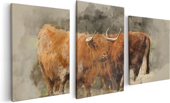 Artaza Canvas Schilderij Drieluik Twee Schotse Hooglander Koeien - Abstract - 120x60 - Foto Op Canvas - Canvas Print