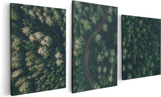 Artaza Canvas Schilderij Drieluik Weg Door Bos Met Bomen - Bovenaanzicht - 120x60 - Foto Op Canvas - Canvas Print