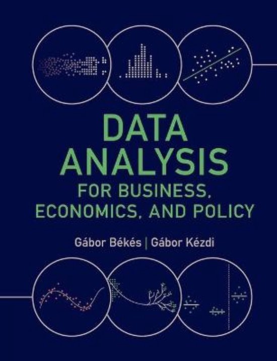 Boek "Data Analysis for Business, Economics, and Policy" in het groen op een donkerblauwe achtergrond met cirkels die grafieken tonen.