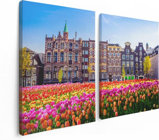 Artaza Canvas Schilderij Tweeluik Amsterdamse Huisjes Met Tulpen - Kleur - 120x80 - Foto Op Canvas - Canvas Print