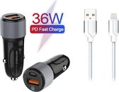 Dual USB-C en USB-A Autolader 36W + 1M USB Lightning Kabel voor Apple iPhone 12 / 12 Pro / 12 Mini / 12 Pro Max