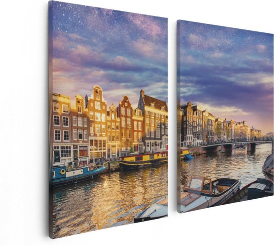 Artaza Canvas Schilderij Tweeluik Amsterdamse Gracht In De Nacht Met Sterren - 80x60 - Foto Op Canvas - Canvas Print