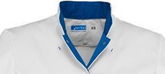 Witte Berkel zorgjas met blauwe kraag en XS-label.