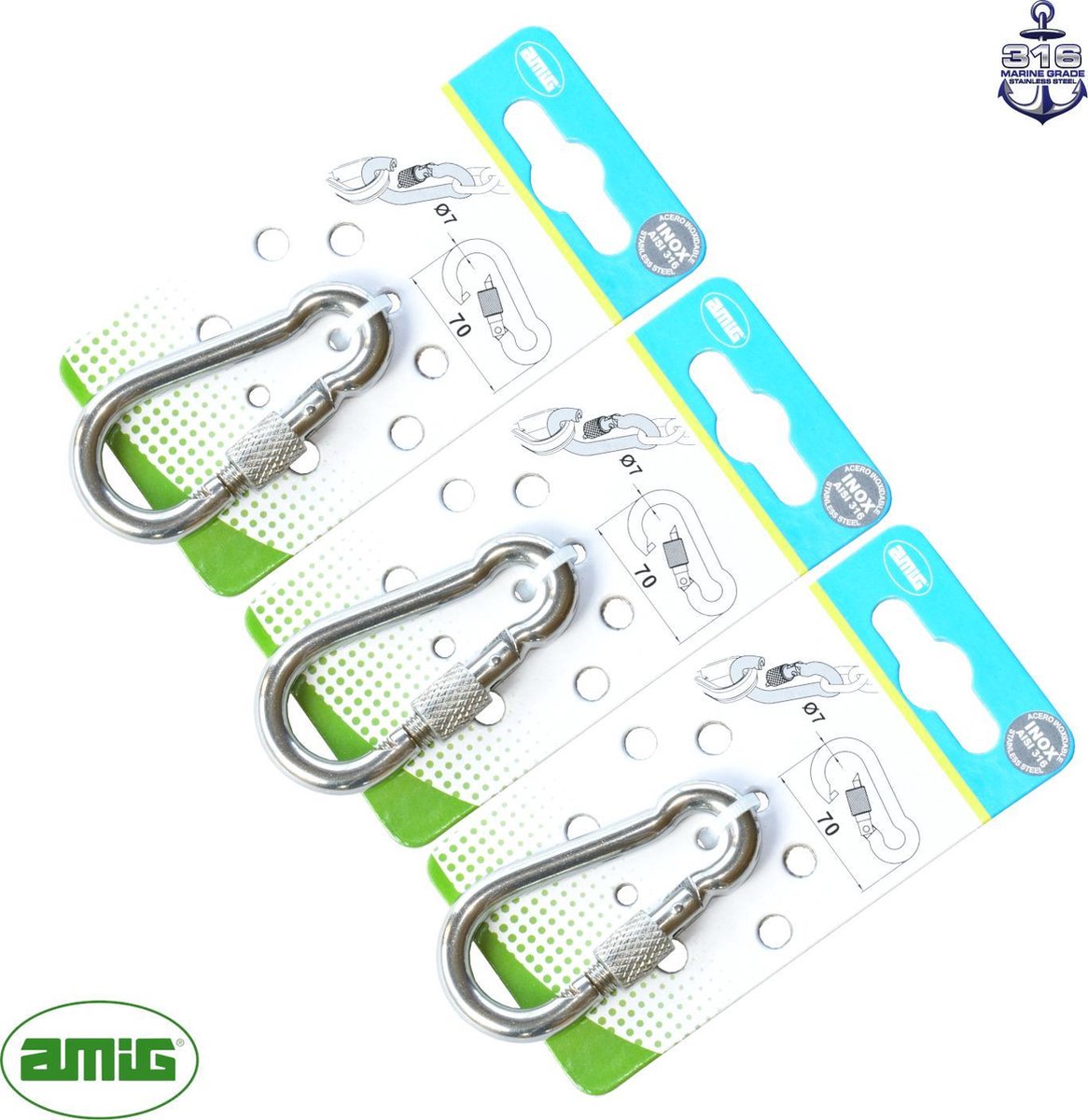 AMIG Musketonhaak RVS 316 7x70mm - Schroefsluiting - Corrosiebestendig - 3 Stuks