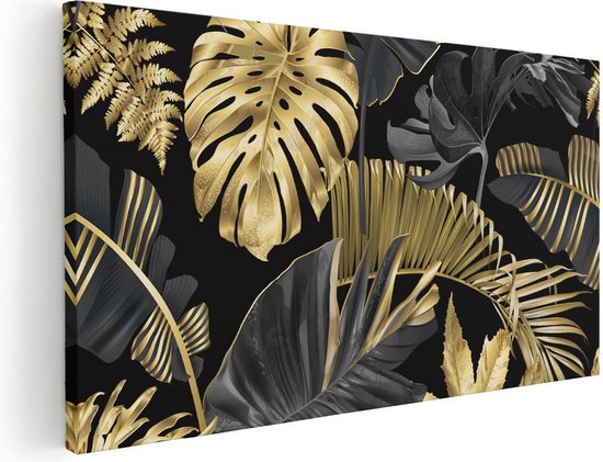 Artaza Canvas Schilderij Gouden Tropische Bladeren - 60x30 - Foto Op Canvas - Canvas Print