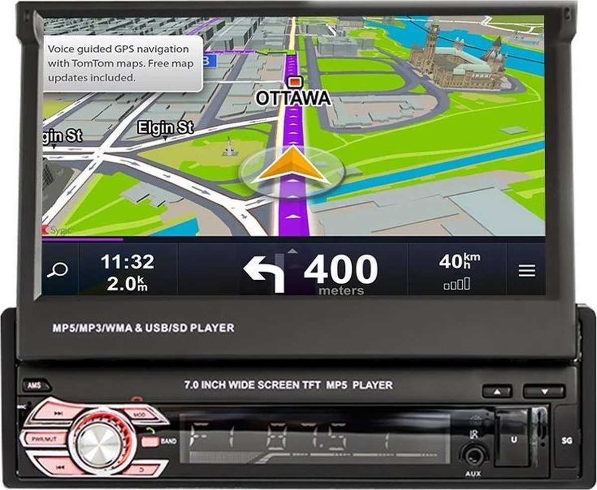 TechU™ Autoradio met klapscherm T147 – 1 Din met Uitschuifbare Display – 7.0 inch Touchscreen Monitor – FM radio – Bluetooth – USB – AUX – SD – GPS Navigatie – Handsfree bellen – Inlc. Afstandsbediening