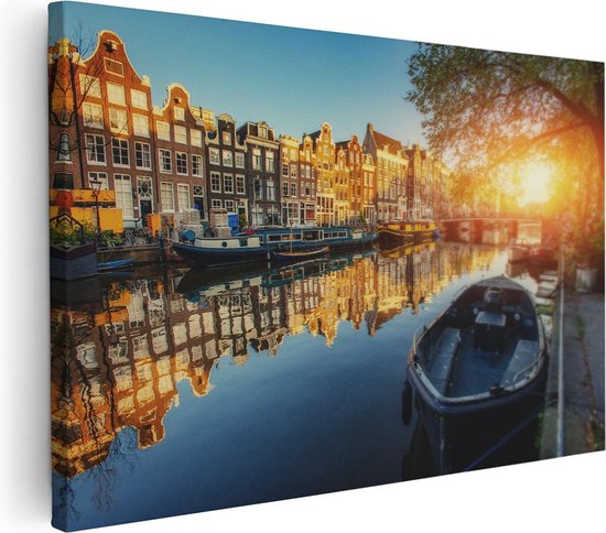 Artaza Canvas Schilderij Amsterdamse Gracht Bij Zonsondergang - 90x60 - Foto Op Canvas - Canvas Print - Muurdecoratie