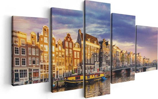 Artaza Canvas Schilderij Vijfluik Amsterdamse Gracht In De Nacht Met Sterren - 100x50 - Foto Op Canvas - Canvas Print