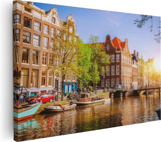 Artaza Canvas Schilderij Amsterdamse Gracht Tijdens Zonsondergang - 90x60 - Foto Op Canvas - Canvas Print - Muurdecoratie