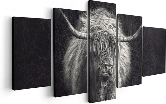 Pentaptyque Artaza - Toile Peinture - Vache Highlander écossais - Zwart Wit - 100x50 - Photo Sur Toile - Impression Sur Toile