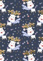 Cadeaupapier Kerst Rudi Reindeer Blauw- Breedte 60 cm - 200m lang