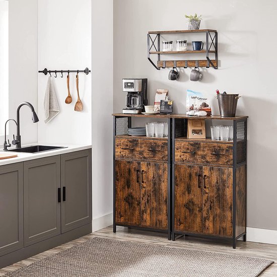 VASAGLE Badkamermeubel, dressoir, opbergkast, verstelbare plank, stalen frame, voor woonkamer, keuken, industriële stijl, vintage bruin-zwart LSC261B01