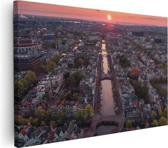 Artaza Canvas Schilderij Bovenaanzicht Amsterdam Met Zonsondergang - 120x80 - Groot - Foto Op Canvas - Wanddecoratie Woonkamer