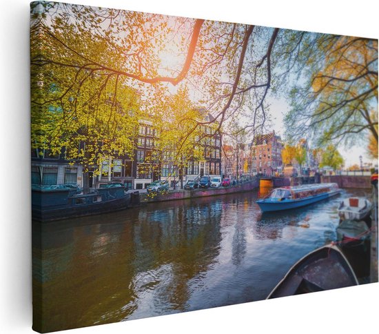 Artaza - Canvas Schilderij - Amsterdamse Gracht Tijdens Het Voorjaar - Foto Op Canvas - Canvas Print