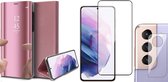 Samsung Galaxy S21 FE Hoesje - Book Case Spiegel Wallet Cover Hoes Roségoud - Full Tempered Glass Screenprotector - Camera Lens Protector