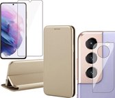 Hoesje geschikt voor Samsung Galaxy S21 FE - Book Case Lederen Wallet Cover Minimalistisch Pasjeshouder Hoes Goud - Tempered Glass Screenprotector - Camera Lens Protector