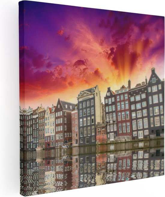 Artaza Canvas Schilderij Amsterdamse Huisjes Bij Het Kanaal - Kleur - 80x80 - Groot - Foto Op Canvas - Canvas Print