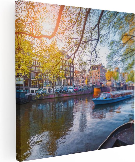 Artaza Canvas Schilderij Amsterdamse Gracht Tijdens Het Voorjaar - 80x80 - Groot - Foto Op Canvas - Canvas Print