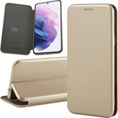 Hoesje geschikt voor Samsung Galaxy S21 FE - Book Case Lederen Wallet Cover Minimalistisch Pasjeshouder Hoes Goud